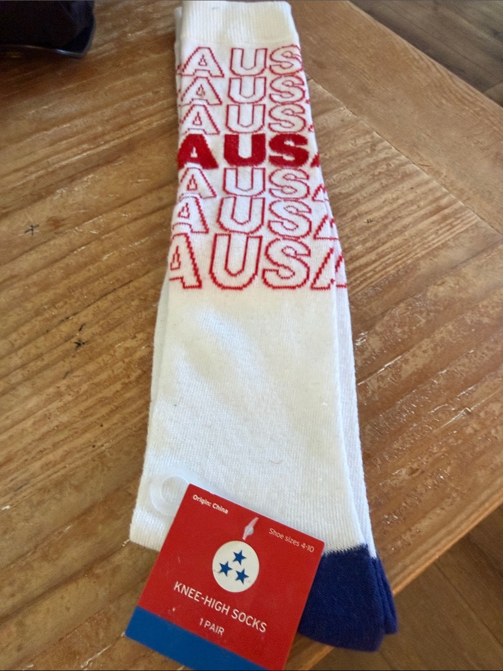 Knee-High White Socks with Red USA Logo and Navy Toe